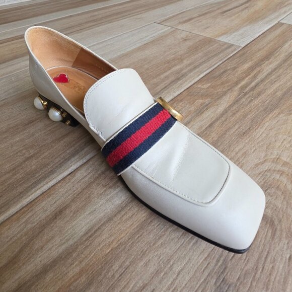 Gucci Off White Leather GG Marmont Faux Pearl Embellished Block Heels Eur. 39.5 - Picture 1 of 16